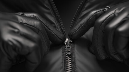 down jacket zipper closeup. Close-up Black Leather Jacket Zipper: Hands Zipping Up Fashion, Style, Detail

