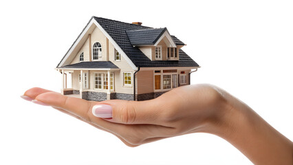A hand supporting a miniature house model on a white background