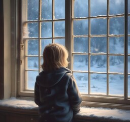 Fototapeta premium Child looking out frosted window at falling snow, soft light, quiet winter holiday mood