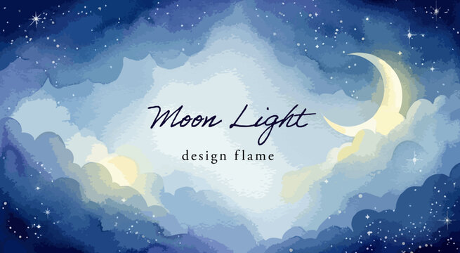 月明かりの水彩夜空フレーム｜三日月と星の幻想的背景
