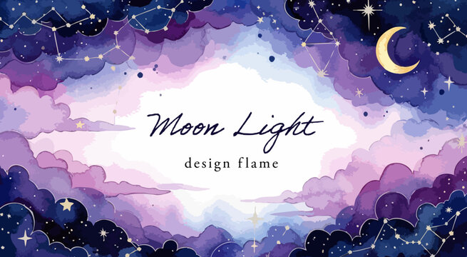 星座と月明かりの水彩夜空フレーム｜幻想的な星空背景