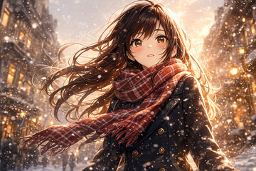 雪が舞う冬の街で赤いマフラーをなびかせるアニメ風女の子のエモーショナルなイラスト

