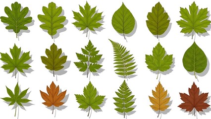 Fototapeta premium Diverse collection of green and autumn leaves on white background