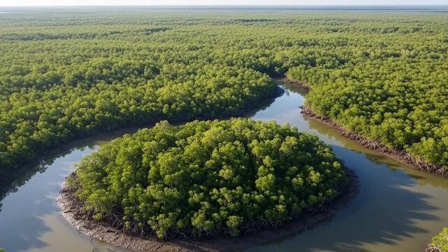 Aerial view of lush mangrove forest ecosystem winding coastal river.