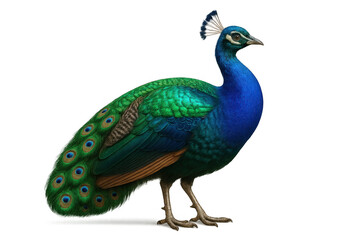 Obraz premium Majestic peacock in full side view, showcasing luxurious feathers and elegant crest, representing beauty, luxury, and individuality