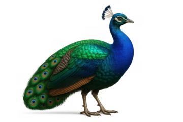 Majestic peacock in full side view, showcasing luxurious feathers and elegant crest, representing beauty, luxury, and individuality