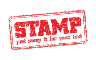 Customizable red rubber stamp vector with easy editable text. Grunge ink texture effects automatically apply to your custom lettering. Distressed vintage seal design for business and official use.