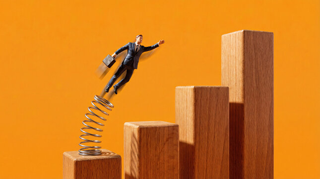 Business growth concept with businessman figure jumping on spring from wooden blocks staircase on orange background.