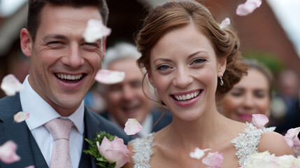 Bride and groom with guests throwing flower petals.