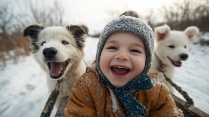 Happy child on sled with dogs in snow.