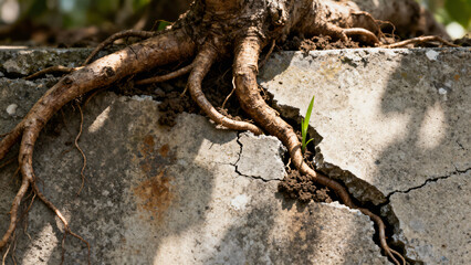 Obraz premium Resilient Plant Growing Through Cracked Concrete Surface with Exposed Tree Roots