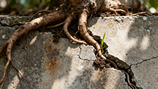 Resilient Plant Growing Through Cracked Concrete Surface with Exposed Tree Roots