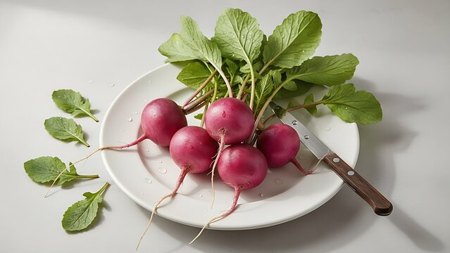 A bunch of fresh, vibrant radishes with leafy green tops are artfully arranged on a white ceramic plate - bunch fresh vibrant radishes leafy vigan background