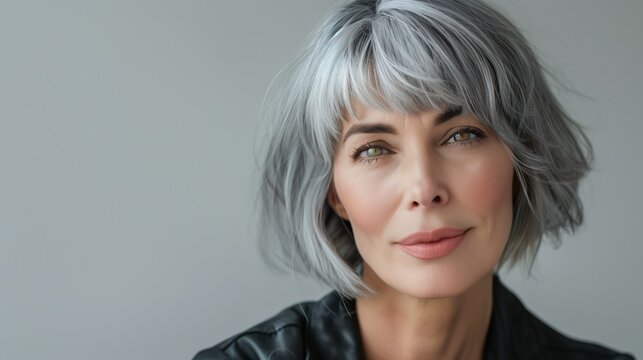 A mature elegant woman with a Graphite Fringe Bob haircut, short layered bob with soft rounded volume, precise fringe bangs, graphite gray hair with cool silver undertones
