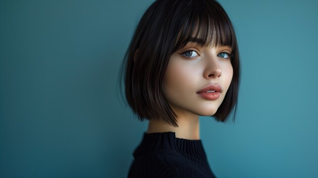 A young woman with a Fringe Bob haircut, sharp blunt bob with soft fringe bangs