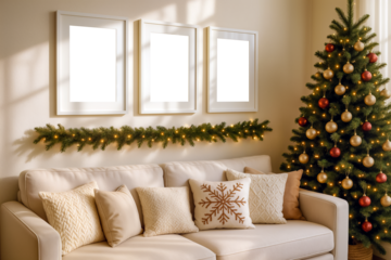 Cozy christmas living room with decorated tree, beige sofa and garland plus three empty wall frames for holiday photo mockup, interior design template and copy space