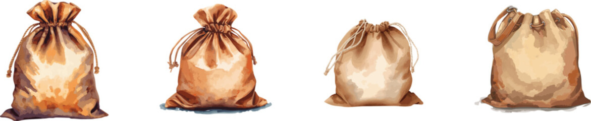 Brown fabric bag hand painted set with watercolors clipart isolated on a white background.