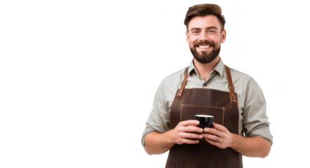 happy young barista holding a coffee cup