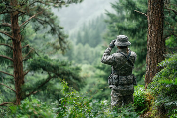 Soldier observes surroundings while standing among tall trees in a forest during daytime