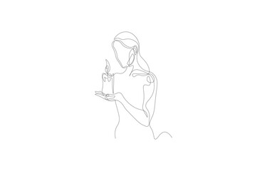 Obraz premium Woman Holding Memory Candle One Line Art – Continuous Single Line Drawing of Hope, Family and Home Vector Illustration