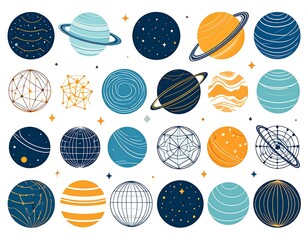 A collection of stylized celestial orbs, depicting diverse designs and patterns, accented with small stars, presenting a cosmic aesthetic