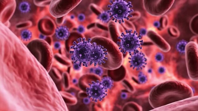 Journey into the microscopic realm where red blood cells and viruses interact in intricate patterns of life. Witness their delicate dance, revealing the hidden beauty of our biology.