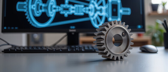 High fidelity gear model displayed on desk with computer screen showing technical drawings. scene conveys innovation and engineering