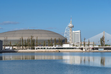 Parque das Nacoes in Lisbon with Vasco da Gama Bridge and Blue Sky