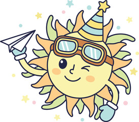 Kawaii Sun Character Sticker | Cute Sun with Aviator Goggles and Paper Plane Vector