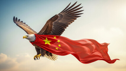 Fototapeta premium Eagle Soaring with Chinese Flag, Symbol of Freedom and Strength