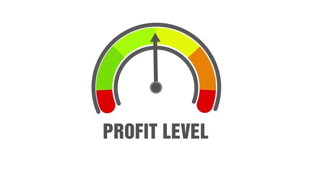 Animated profit level meter showing movement from high level to low level, ideal for illustrating declining revenue, financial loss, and reduced business performance