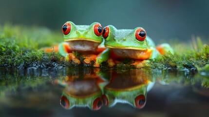 Obraz premium Pair of Red Eyed Frogs Resting on Moss