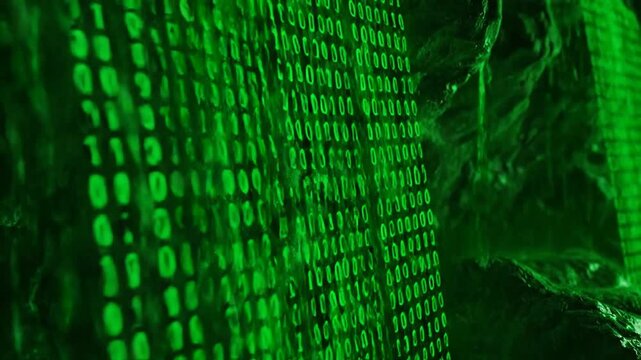 Green binary code overlay on rock surface, data concept