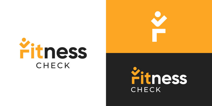 Creative simple wordmark fitness check logo template. Letter F as human person with checkmark symbol logo design vector illustration.