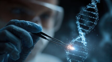 Scientist examining glowing DNA molecule with tweezers
