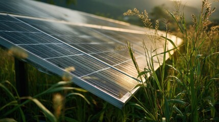 Solar panel in lush green grass at sunset