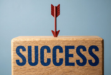 Success target concept with red arrow hitting wooden block typography on blue background for business goal achievement.