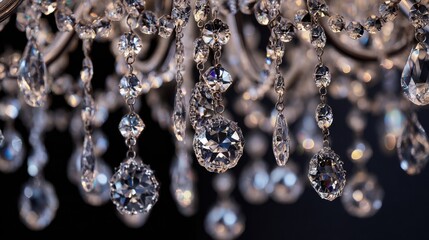 Sparkling crystal chandelier detail with dark background