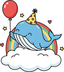 Birthday Whale Illustration | Kawaii Blue Whale with Rainbow and Balloon Sticker Vector
