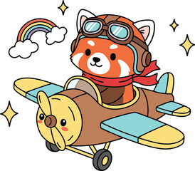 Red Panda Pilot Vector | Kawaii Animal Aviator Airplane Sticker for Kids Design