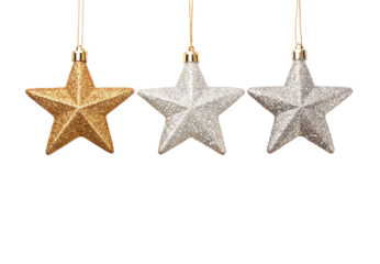 Gold and silver glittery star ornaments hanging on chains, isolated on a transparent background
