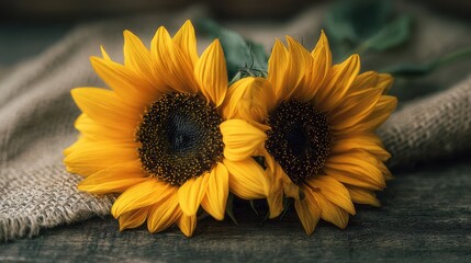 Two yellow sunflowers on rustic wooden surface