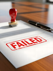 Failed document with red stamp and pen on wooden desk