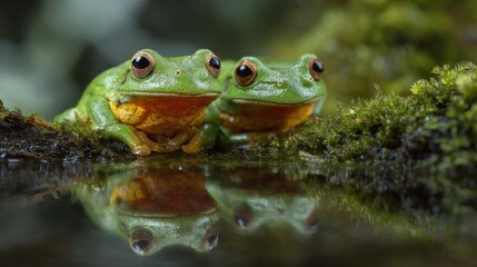 Two green frogs with orange bellies in water