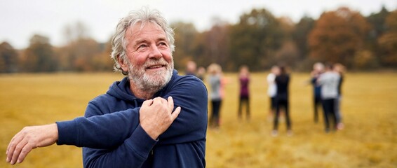 Older man stretches during outdoor exercise session in park