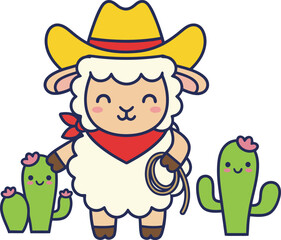 Cowboy Sheep Vector | Cute Kawaii Lamb with Lasso and Cactus Sticker Design Illustration