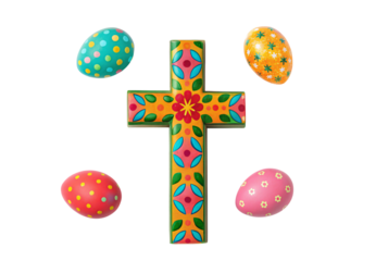 Colorful decorative cross with painted eggs Easter celebration arrangement, isolated on a transparent background