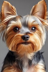 Curious and Calm Yorkshire Terrier Portrait with Gold Tan Fur Against a Soft Gray Background