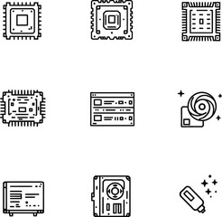 Computer hardware icon set with microchips, HDDs, server, USB, and motherboard in black-and-white outline style