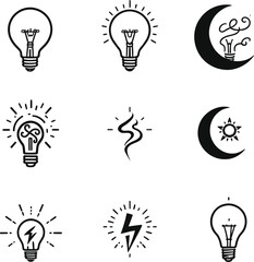 Light and energy icon set with bulbs, moons, lightning, and symbolic rays for innovation and idea themes